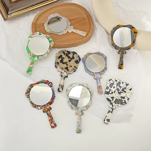 Miroir de Maquillage à Main en Acétate Vintage Rond Bord Ondulé Miroir Cosmétique Portable Motif Écaille pour Femme