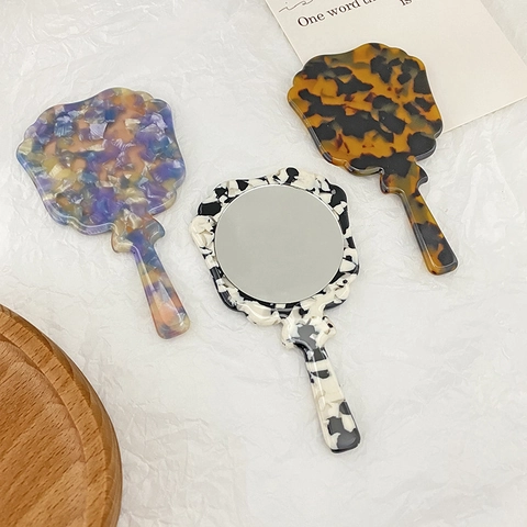 Miroir de Maquillage à Main en Acétate Vintage Rond Bord Ondulé Miroir Cosmétique Portable Motif Écaille pour Femme