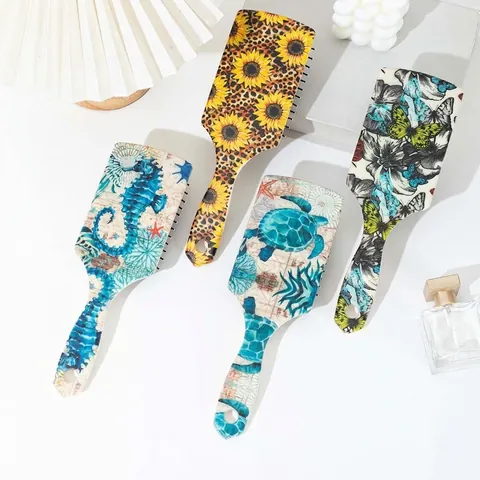 Cepillo de Pelo Vintage Paddle Mujer Masaje Cojín de Aire Girasol Mariposa Criatura Marina Estampado Floral Herramienta de Pelo