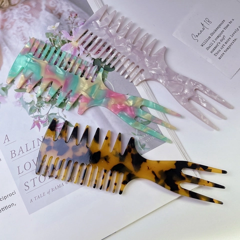 Acetate Wide Tooth Hair Comb Fishbone Shape Trident Detangling Styling Comb With Marble Pattern Hair Tools For Women Jewelry