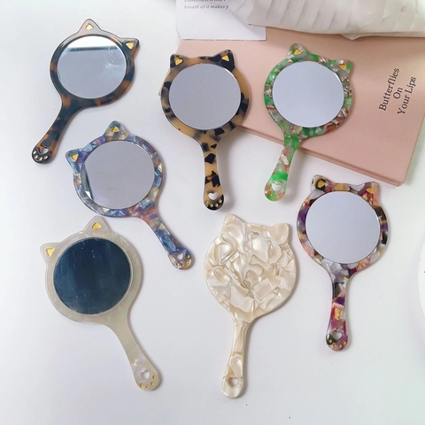 Süßer Katzenform Acetat Handspiegel Tragbarer Mini Make-up Spiegel Für Damen Mädchen Girly Leopard Schildpatt Muster Kosmetikspiegel
