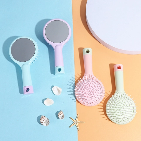 Portable Macaron Cushion Hair Brush With Round Makeup Mirror Massage Scalp Comb For Women Travel Hair Styling Tools