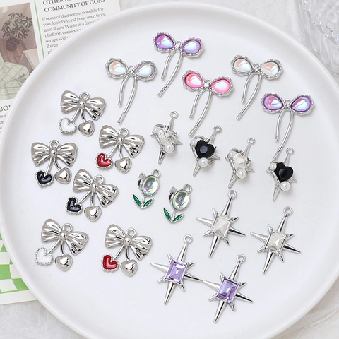 Alloy Charms Rhinestone Artificial Pearl Pendants For DIY Jewelry Making Bow Heart Star Tulip Sweet Cool Accessory Charm