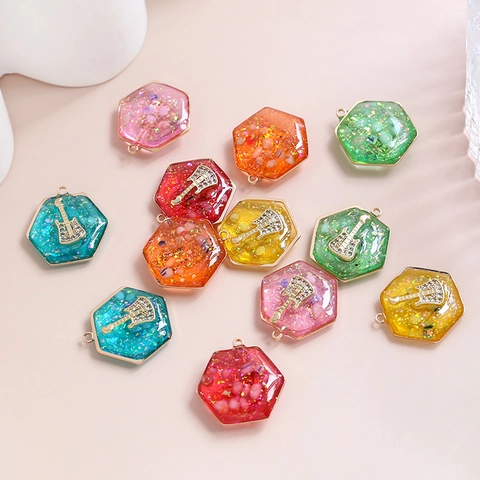 Hexagon Guitar Pendants Resin Alloy Gold Foil Glitter Charms For DIY Necklace Bracelet Earring Jewelry Making Accessories