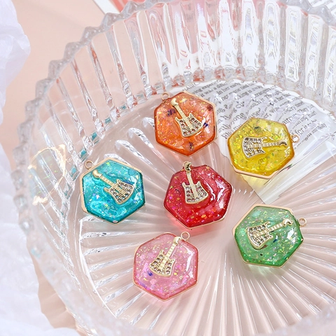 Hexagon Guitar Pendants Resin Alloy Gold Foil Glitter Charms For DIY Necklace Bracelet Earring Jewelry Making Accessories