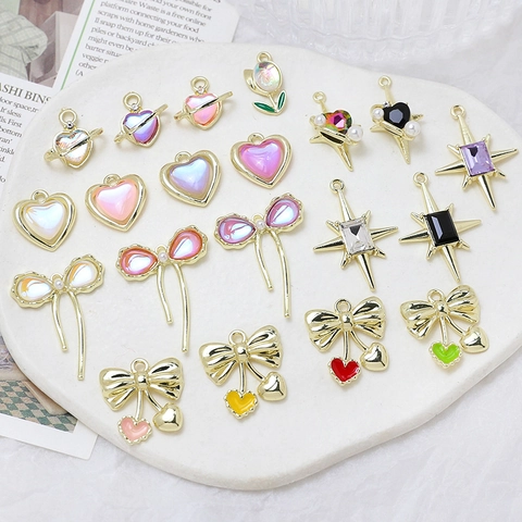 Alloy Charms Rhinestone Artificial Pearl Pendants For DIY Jewelry Making Bow Heart Star Tulip Sweet Cool Accessory Charm