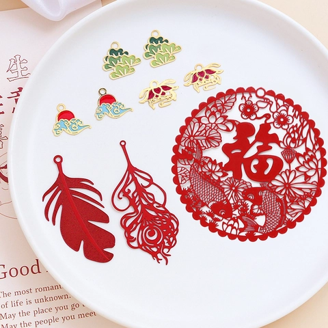 Chinese Style Alloy Enamel Drip Oil Charms For DIY Jewelry Making Lotus Pine Sun Wave Feather Fu Pendant Accessories
