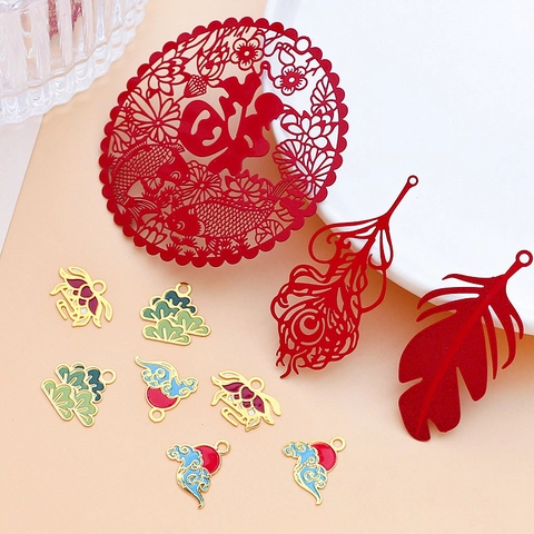 Chinese Style Alloy Enamel Drip Oil Charms For DIY Jewelry Making Lotus Pine Sun Wave Feather Fu Pendant Accessories