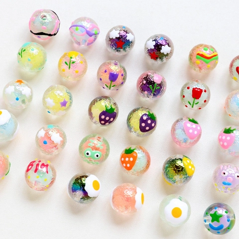 Handmade Hand Painted Acrylic Round Beads Straight Hole For DIY Jewelry Making Bracelet Phone Chain Tulip Strawberry Patterns
