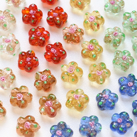 Handmade Lampwork Glass Flower Beads 5-Petal Hand-painted Glitter Spacer Beads For DIY Jewelry Making Bracelet Necklace