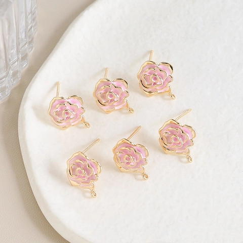 Copper Gold Plated Enamel Rose Flower Stud Earrings With 925 Sterling Silver Earring Post For DIY Jewelry Making Findings