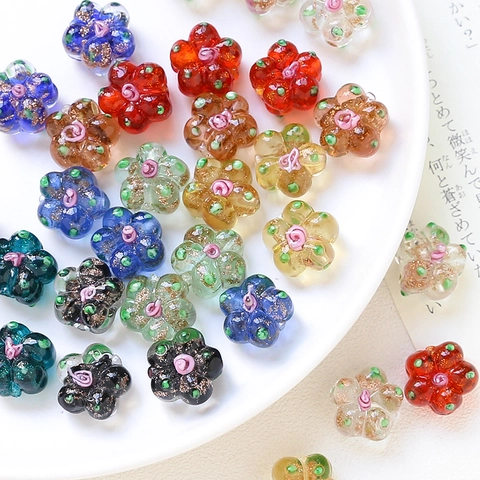 Handmade Lampwork Glass Flower Beads 5-Petal Hand-painted Glitter Spacer Beads For DIY Jewelry Making Bracelet Necklace
