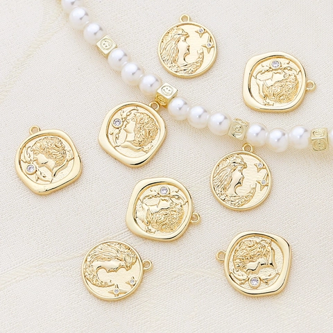 Vintage Gold Plated Copper Goddess Relief Coin Pendant With Zirconia Inlaid DIY Jewelry Making Charms For Necklace Bracelet