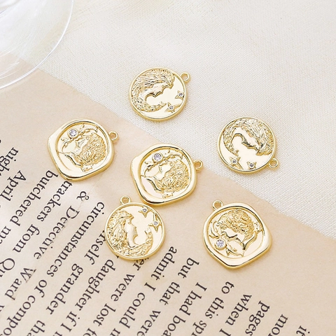 Vintage Gold Plated Copper Goddess Relief Coin Pendant With Zirconia Inlaid DIY Jewelry Making Charms For Necklace Bracelet