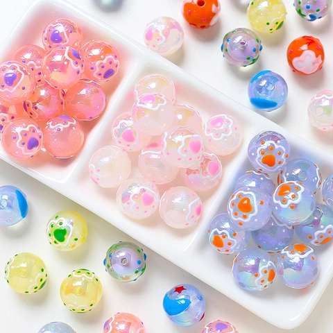 Hand Painted Cartoon Round Beads Acrylic Resin Spacer Beads With Cat Paw Moon Pattern For Jewelry Making Accessories Craft