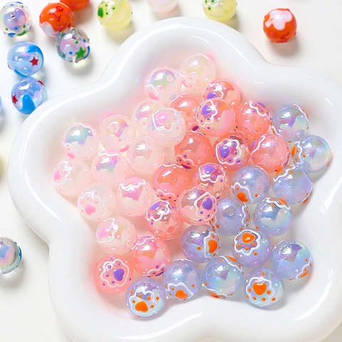 Hand Painted Cartoon Round Beads Acrylic Resin Spacer Beads With Cat Paw Moon Pattern For Jewelry Making Accessories Craft
