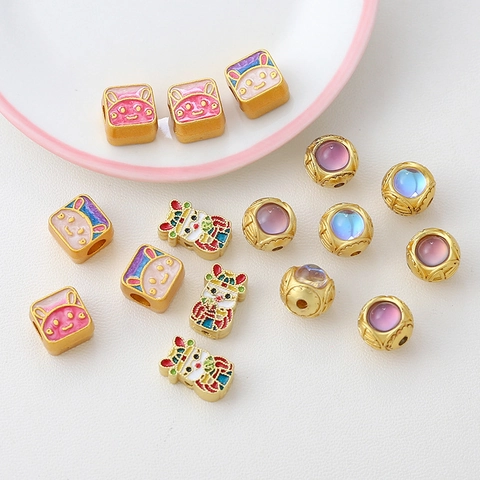 Gold Plated Rabbit Enamel Spacer Beads Chinese Style Alloy Charm Beads For DIY Bracelet Necklace Earring Jewelry Making