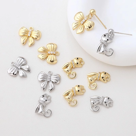 Alloy Bowknot Cat Pendant Charms For DIY Jewelry Making Gold Silver Plated Rhinestone Metal Pendants For Necklaces Bracelets