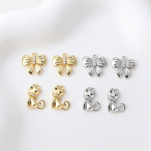 Alloy Bowknot Cat Pendant Charms For DIY Jewelry Making Gold Silver Plated Rhinestone Metal Pendants For Necklaces Bracelets