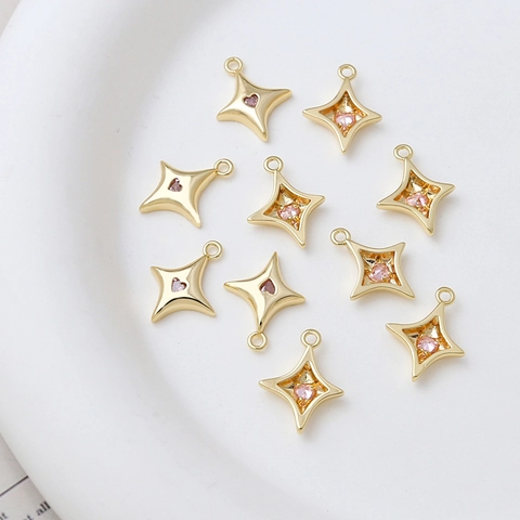14K Gold Plated Copper Zircon Star Pendant With Pink Heart Gemstone For DIY Necklace Bracelet Earring Jewelry Making