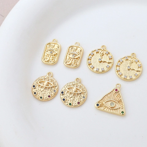 Vintage 14K Gold Plated Brass Pendant Charms DIY Jewelry Making Supplies Zircon Evil Eye Clock Celestial Star Moon Accessory