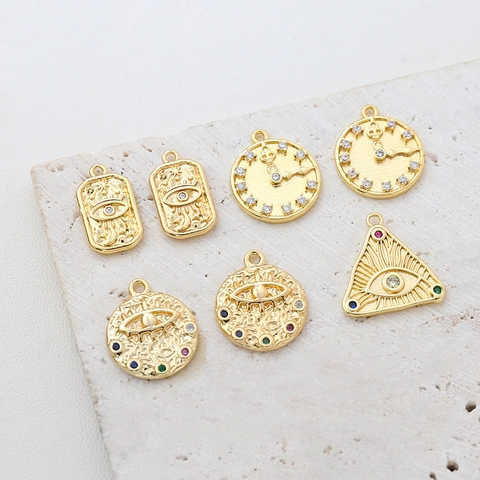 Vintage 14K Gold Plated Brass Pendant Charms DIY Jewelry Making Supplies Zircon Evil Eye Clock Celestial Star Moon Accessory