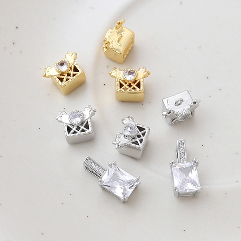 Copper 14K Gold Plated Zirconia Heart Gift Box Pendant Rectangular Cut Clear Stone DIY Jewelry Making Accessory For Necklace Earrings