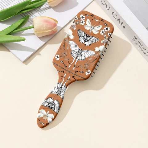 Brosse à Cheveux à Coussin d'Air Imprimé Papillon et Fleur Peigne de Massage ABS pour Démêlage et Massage du Cuir Chevelu