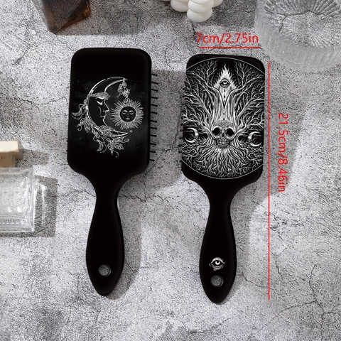 Gothic Mystical Air Cushion Comb For Women Detangling Hair Brush With Skull Moon Sun Stars Pattern Black Plastic Massage Comb