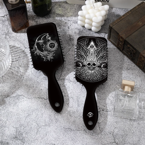 Gothic Mystical Air Cushion Comb For Women Detangling Hair Brush With Skull Moon Sun Stars Pattern Black Plastic Massage Comb