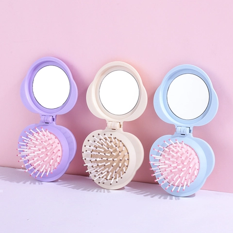 Cute Flower Shaped Foldable Travel Hair Brush With Mirror Portable Air Cushion Massage Comb For Women Girls Beauty Tool