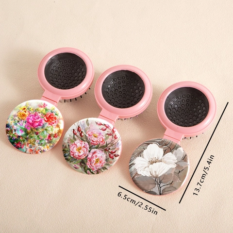 Spazzola per Capelli a Cuscino d'Aria Pieghevole con Fiori Vintage con Specchio Pettine da Massaggio Portatile per Donna