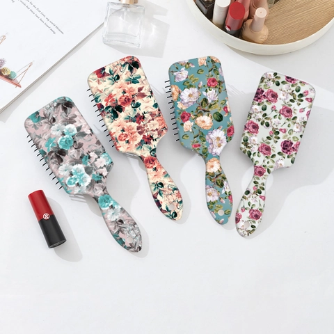 Bloemenprint Luchtkussen Haarborstel Antistatisch Hoofdhuid Massage Kam Voor Vrouwen Vintage Bloemenpatroon Haarverzorging