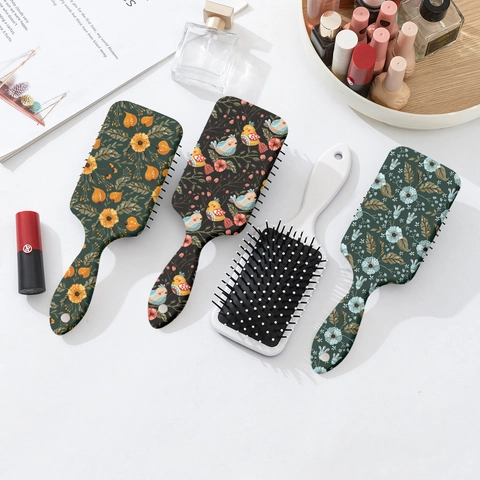 Vintage Blumen Vogel Druck Paddel Haarbürste Luftkissen Massagekamm Für Damen Entwirrungsbürste Kopfhautmassage Haarpflege Tool