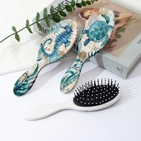 Spazzola per Capelli Vintage Serie Marina con Stampa Tartaruga Cavalluccio Marino Balena Pettine a Cuscino d'Aria per Capelli Voluminosi Districante da Viaggio