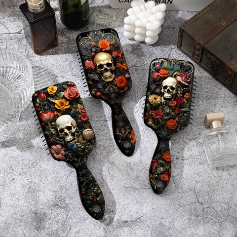 Spazzola Per Capelli Gotica Vintage Teschio Rosa Rilievo 3D Cuscino Aria Pettine Districante Massaggio Cuoio Capelluto Per Donna Halloween