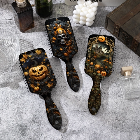 Spazzola per Capelli a Cuscino d'Aria in Rilievo 3D Gothic Halloween Zucca Teschio Massaggio al Cuoio Capelluto Pettine Districante Donna
