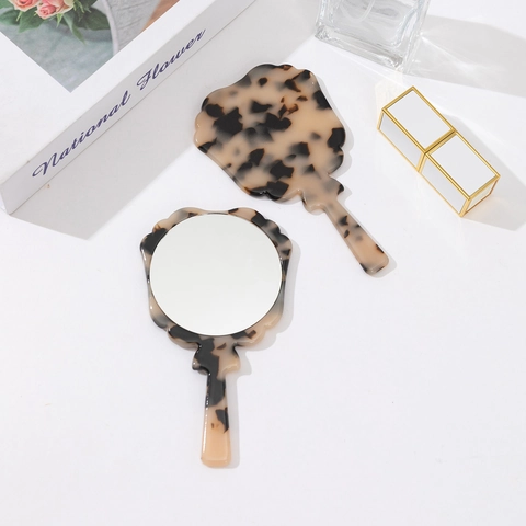 Vintage Acetat Hand-Make-up-Spiegel Tragbarer Runder Kosmetikspiegel Leopardenmuster Schildpatt-Griff Damen Spiegel