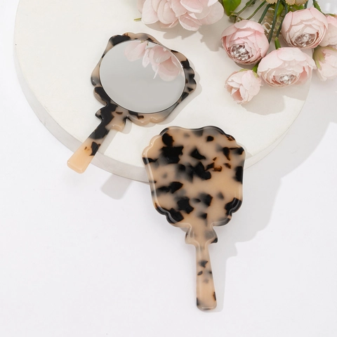 Vintage Acetat Hand-Make-up-Spiegel Tragbarer Runder Kosmetikspiegel Leopardenmuster Schildpatt-Griff Damen Spiegel