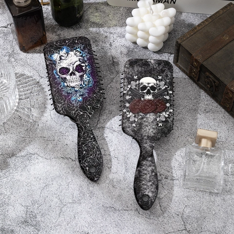 Gothic Skull Rose Air Cushion Hair Brush Scalp Massage Detangling Paddle Brush For Women Halloween Hair Care Tool