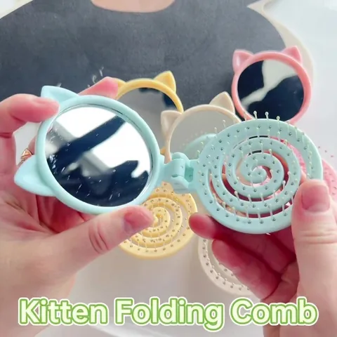Tragbare Faltbare Haarbürste Mit Spiegel Süßes Katzenohr Design Macaron Farbe Massagekamm Für Damen Reisen Haar Styling Tools