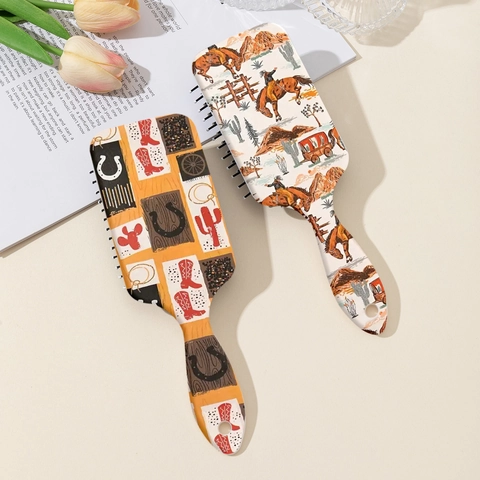 Spazzola a Cuscino d'Aria con Stampa Cowboy Occidentale e Cactus Pettine per Massaggio Districante con Motivo Cavallo del Deserto Retro per Capelli Donna