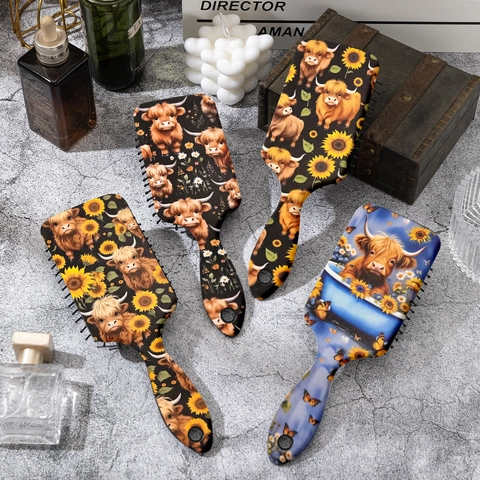 Spazzola a Cuscino d'Aria con Stampa Mucca delle Highlands e Girasole ABS Pettine da Massaggio Districante Portatile per Capelli Donna