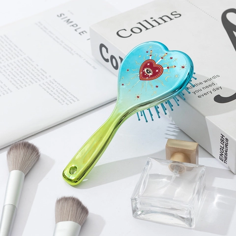 Herzförmiger Luftkissen Massagekamm Blaugrüner Farbverlauf Galvanisierter Haarbesen Im Boho-Stil Für Damen Styling-Tool