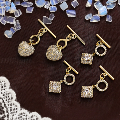 Copper Gold Plated Zirconia Heart Square Toggle Clasp OT Connector Pendant For DIY Necklace Bracelet Jewelry Making Accessories