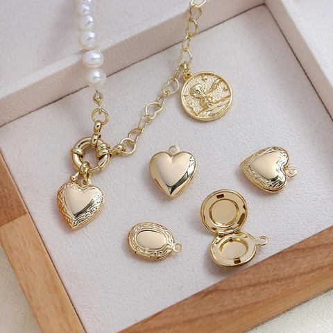 Vintage French Style Copper Real Gold Plated Heart Oval Round Locket Pendant DIY Photo Frame Necklace Jewelry Making Accessory