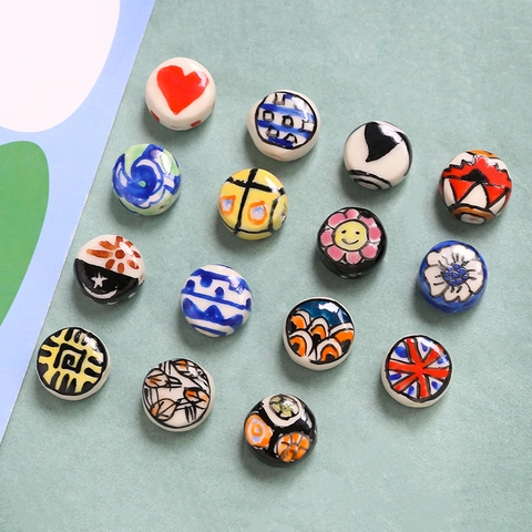 Hand Painted Ceramic Beads For DIY Jewelry Making Japanese Glazed Porcelain Loose Beads Heart Flower Geometric Pattern Round Flat Beads