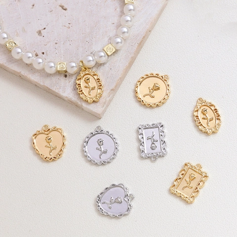 Vintage Rose Relief Brass Metal Pendant Gold Silver Plated Floral Charm For DIY Necklace Bracelet Earring Jewelry Making