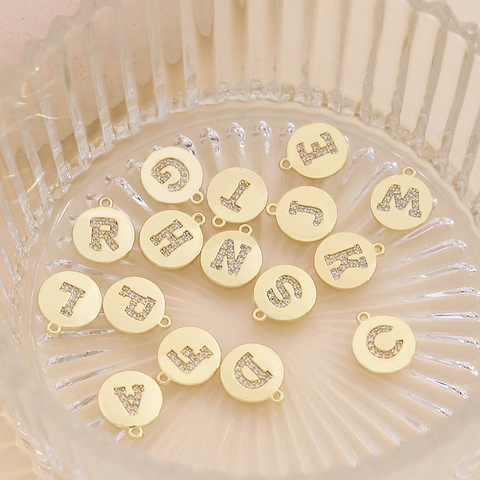 DIY Gold Plated Copper Alphabet Letter Pendant Round Micro Pave Zirconia Charm For Necklace Bracelet Jewelry Making Accessories