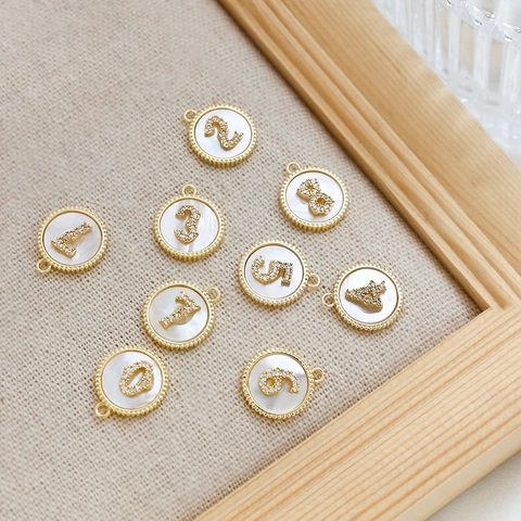 Colgante de Número Redondo de Cobre Bañado en Oro 18K Con Incrustación de Madreperla Strass Accesorio Joyería DIY